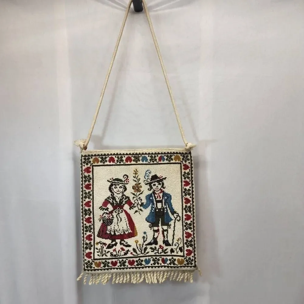 Vintage Tapestry Shoulder Bag – Folk Art Embroidered Purse with Fringe & Rope St